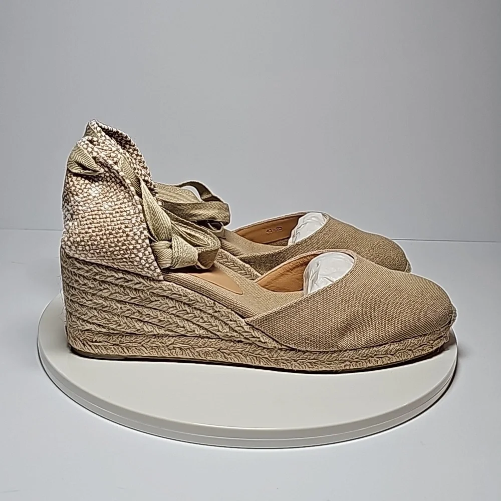 NWB Castaner Carina Sand Canvas Espadrille Wedge Ankle Tie Sandals 10 Jute Heels